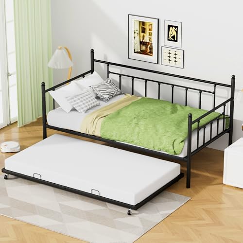 IHDKO Modern Twin Daybed with Trundle, Black Twin Day Bed with Backrest, Metal Trundle Frame with Pull Out Bed, Daybed with Heavy Duty Metal Slats Platform for Living Room, Bedroom, Kids Room