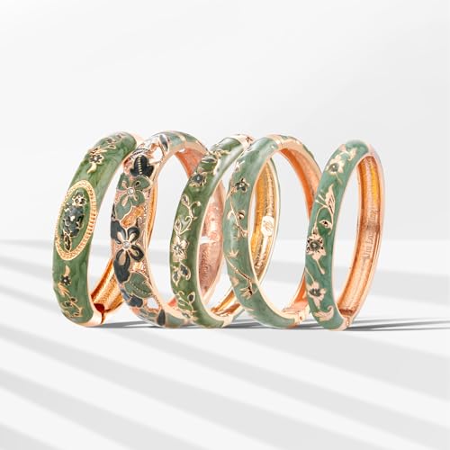 Image of UJOY Bangles 5 Pcs Enamel Jewelry Set Rose Flower Engraved Cloisonne Bracelets Pack in a Box 5PCS