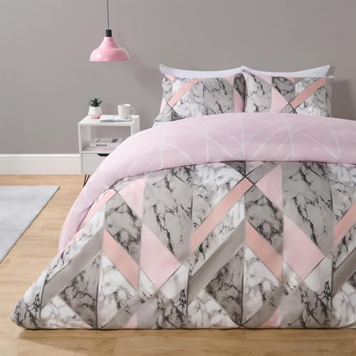OHS Double Duvet Set Abstract Geometric Marble Print Reversible, Ultra Soft Cosy Modern Abstract Geometric Marble Design Double Bedding Set & 2 Pillowcases, Blush