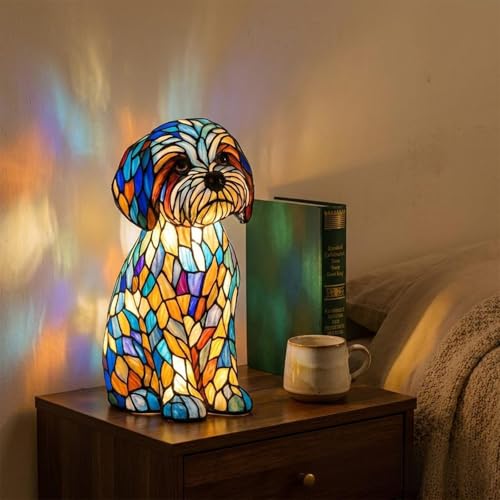 EOHMAK Rainbow Puppy Lamp Stained Glass Dog Night Light 3D Retro Stained Resin Rainbow Pup Lights Charge Powered Table Lamp Puppy Glow Lamps for Home Bedroom Desk (Dog-A)