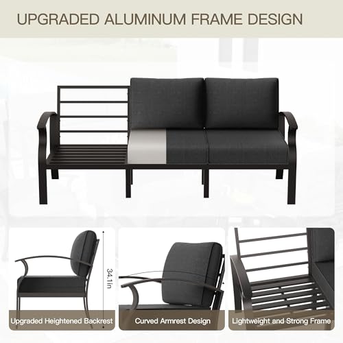 Trumbeak Aluminum Patio Furniture Set with 55,000 BTU Propane Fire Pit Table,7 Seats Metal Modern Outdoor Furniture w/5.1" Cushions,Patio Sectional w/Swivel Chairs for Patio,Backyard,Black