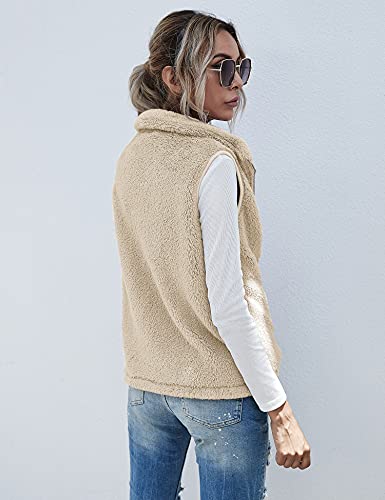 Raphin Damen Mantel Herbst Casual Leicht Ärmellos Weste Damen Lang Einfarbig Elegant Mode Kunstfell Weste Mit Taschen(Khaki,M)