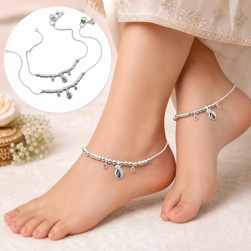 Image of Silver Polish Designer Payal for Women & Girls | Stylish Anklet with Beads & Stone Charms | Lightweight Daily Wear Anklet | Traditional & Modern Jewelry Gift