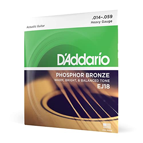 D'Addario Acoustic Guitar Strings, Phosphor Bronze, EJ18, Heavy Gauge 14-59, 6-String Set, Pack of 1