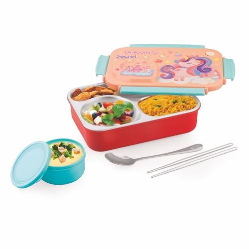 Image of ATTRO School Bite Stainless Steel Lunch Box - 3 Compartment Bento Tiffin, Leak-Proof & Durable, Ideal for Kids, School, Picnic- 750ml+150ml, Peach- Unicorn Theme