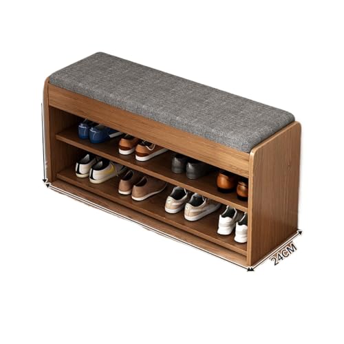 OGXN 玄関ベンチ 収納ベンチ シューズボックス 靴棚 玄関スツール 玄関椅子 木製 収納付き 収納ボックス付き 開閉式 省スペース 組立簡単 靴収納 二段式靴収納 玄関 廊下 奥行き下駄箱 (原野オーク色 80×24×43cm)