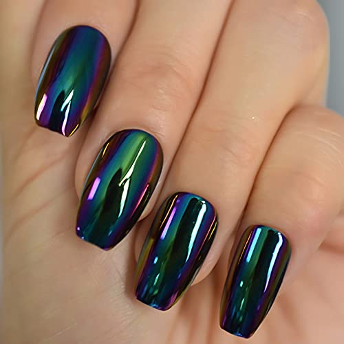 Ladgbp Press On Nails Medium Coffin Black Jade Green Chrome Full Cover Fake Nail Mirror False Nails Pre-Design For Women Girls Manicure For Festival Band Party 24 Pcs #TOP3