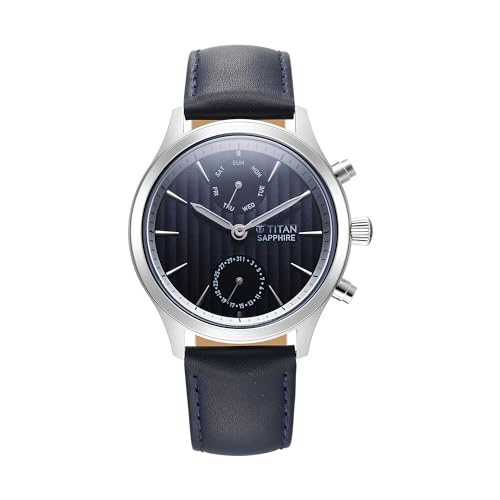 Image of Titan Sapphire Quartz Multifunction Grey Dial Blue Leather Strap Watch for Men - NT1874SL02
