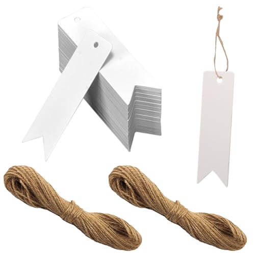 200 Stück Geschenkanhänger & Etiketten,Weiß Kraftpapier Anhänger Etiketten Craft Tags 2x7cm mit Naturjuteschnur 40M, Anhänger für Hochzeitsdekoration,Weihnachten,Geschenkverpackung,DIY-Projekte