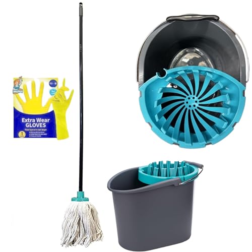 Image of SWISSPACK Heavy-Duty Mop & Bucket Set — 100% Cotton Mop Heads, 1 Steel Handle, Detachable Wringer, Sturdy Plastic Bucket, Super-Absorbent Floor Mop