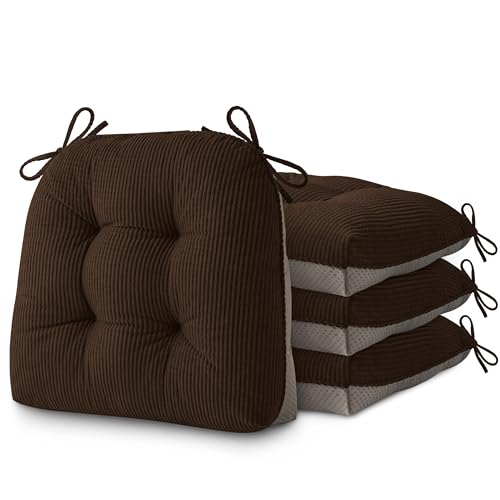 Image of AddGrace Dining Chair Cushions Set of 4 Non-Slip 18 inchx16 inchx3 inch Brown | with Ties, Textured Fabric, for Kithchen, Dining Room, Restaurant, Indoor Furniture, Wood Chairs, Long Meals, Soft, Comfy