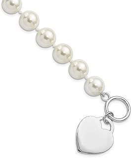 Majestik Prata Esterlina 925 11 mm Branco Imitação de Concha do Mar Sereia, Joia Náutica de Pérola, Pulseira Gravável à Mão de Coração 20 cm Contas de Amor Joias Finas para Mulheres Presentes Para Ela, 8 inches, Pérola, Pérola