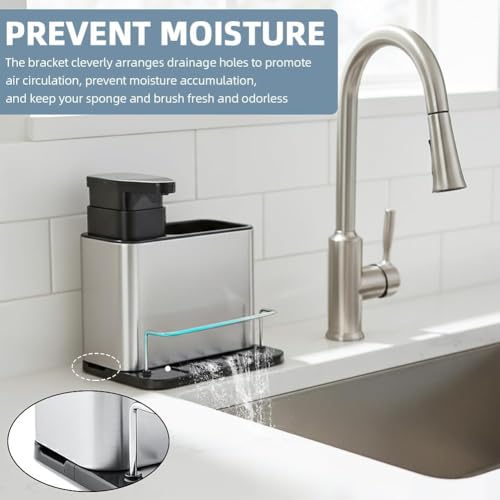 Image of Steel Kitchen Sink Caddy with Soap Dispenser - 3-in-1 Dishwashing Organizer for Sponge & Brush | Rustproof Sink Shelf for Kitchen Counter
