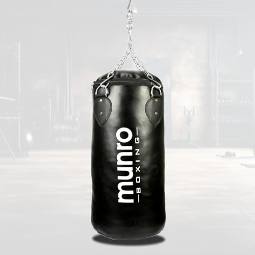 Image of MUNRO Punching Bag Synthetic Leather, Filled PU Boxing Bag, Heavy Duty Punch Bag for Boxing, Martial Arts, Judo, Kickboxing with Rust Free Hanging Chain (Filled- Black, 2.5 Feet)