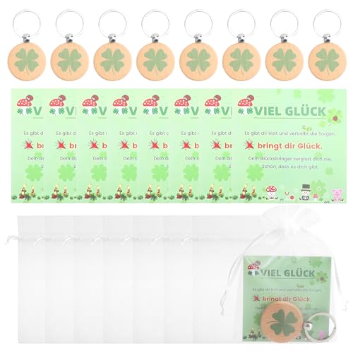 Conjunto de 8 porta-chaves trevo de quatro folhas de madeira, com cartão de felicitação e malas de organização, presentes de sorte para exames, Natal, aniversários, agradecimentos, amigos e colegas