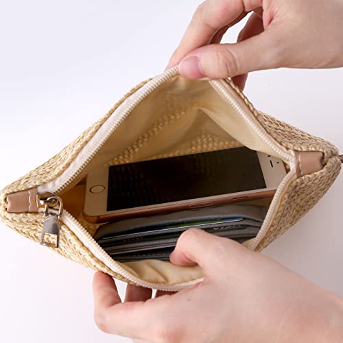 Konikit Women's Straw Clutch Purse Summer Beach Sea Straw Wallet Bohemian Zipper Wristlet Bag Khaki #TOP4