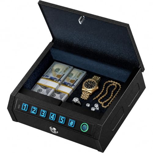 Gun Safe for Handgun, Biometric Handgun Safe with Drop Slot Quick Access with LED Light, 3-Way Unlock Fingerprint Digital PIN Key Pistol Safe, Handgun Safe Lock Box with Carbon Steel Cable for Car