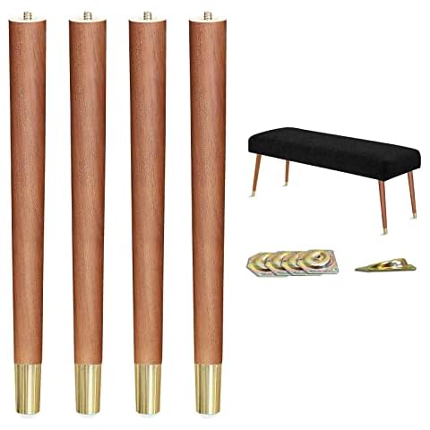 XBurmo Mid Century Table Legs,16'' Angled Tapered Solid Wood Table Legs for Stool Bench,Legs for Furniture set of 4 with Gold Metal Edge Mounting Plates Cover