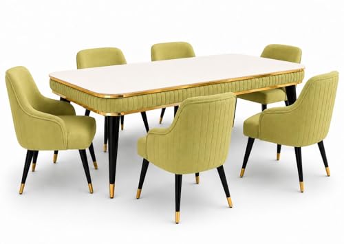Image of WOODEN SPACE 6-Seater Wooden Dining Table Set | Nano Composite Marble Top | Solid Wood Base | Modern Dining Room Furniture with 6 Chairs (Light Green Modern Zyro)