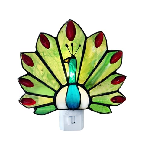 Image of Tiffany Stained Glass Peacock Night Light WKD1003 (Green、Red) Peacock Night Light, Stained Glass,