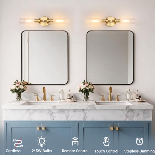 Image of Shenmoyl Set of 2 Wall Sconces, 7800 mAh Battery Operated Wall Sconce with 3 Colors & Remote Control, Gold Rechargeable Wall Lamp with Clear Glass Shade for Bedroom, Bathroom, Living Room, Hallway
