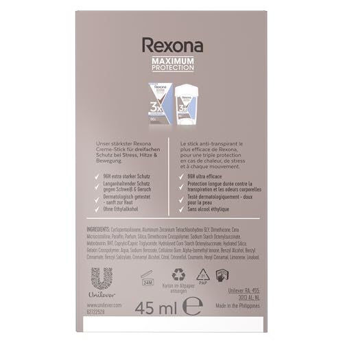 Rexona Women Maximum Protection Anti Transpirant Deo Creme Clean Scent Deodorant mit 96 Stunden Schutz gegen starkes Schwitzen und Geruch mit 3x Schutz bei Stress, Hitze & Bewegung 45 ml