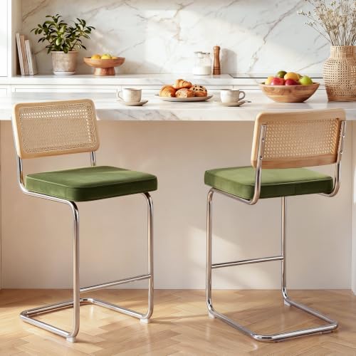 Image of Zesthouse Natural Rattan Bar Stools Set of 2, 26'' Modern Boho Counter Height Barstools with Solid Wood Back, Mid Century Counter Stools with Velvet Cushion, Cane Back Island Chairs for Kitchen, Green