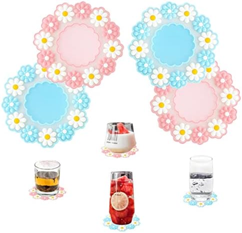 WUBAYI Coasters 4pcs Silicone Daisy Coasters Set, Non-slip Heat Resistant Cute Flower Coaster, Table Bowl Mat, Home Christmas Wedding Decoration Coasters, 2pcs pink and 2pcs blue