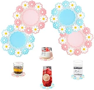 WUBAYI Coasters 4pcs Silicone Daisy Coasters Set, Non-slip Heat Resistant Cute Flower Coaster, Table Bowl Mat, Home Christmas Wedding Decoration Coasters, 2pcs pink and 2pcs blue