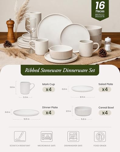 Image of OTAGO 16-Piece Dinnerware Set for 4 with Mugs, Ribbed Stoneware Plates and Bowls Sets, Unique Handcrafted Reactive Glaze, Chip and Scratch Resistant Dish Set, Microwave & Dishwasher Safe, White