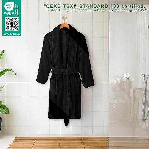 Image of American Soft Linen Women's Fleece Bathrobe - Luxury Soft, Plush, Fuzzy & Warm Turkish Robe for Women, Cozy Spa Quality Adult Bathroom Lounge Robe, Black L