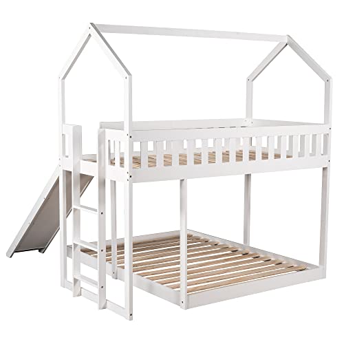 Runwon Twin Over Full Size House Bunk Bed With Slide, Built-In Ladder,Full-Length Guardrail For Kids Adults Bedroom,Roof Can Be Decorated #TOP4
