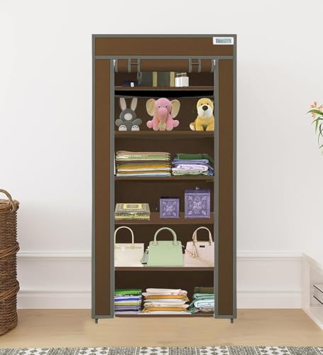 Image of FLIPZON Collapsible Fabric Wardrobe Organizer For Clothes (Iron And Non Woven Fabric) (Brown, 6 Shelve), (58 X 28 X 115Cm)