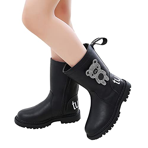 Amandaz Girls Winter Snow Boots Waterproof Leather Lace-Up Zipper Mid Calf Combat Riding Tall Boots Cute Flat Shoes 4-16 Years