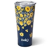 Swig Life 32oz Insulated Tumbler, Travel Coffee Tumbler with Lid, Cup Holder Friendly Travel Coffee Mug, Stainless Steel with Lid (Lazy Daisy)