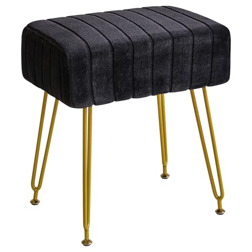 IBUYKE Otomano, Taburete Rectangular de Terciopelo, Mesa Lateral del Taburete de Maquillaje, Asiento de la cómoda de Terciopelo, Taburete de sofá en Bolsa, piernas de Acero Dorado, Negro
