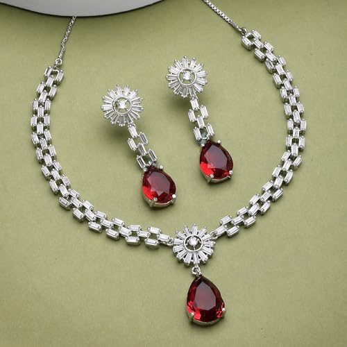 Image of ZENEME Rhodium Plated Brass Silver Toned Luxurious Sparkle Pink Necklace & Earring Jewellery Set For Women & Girls