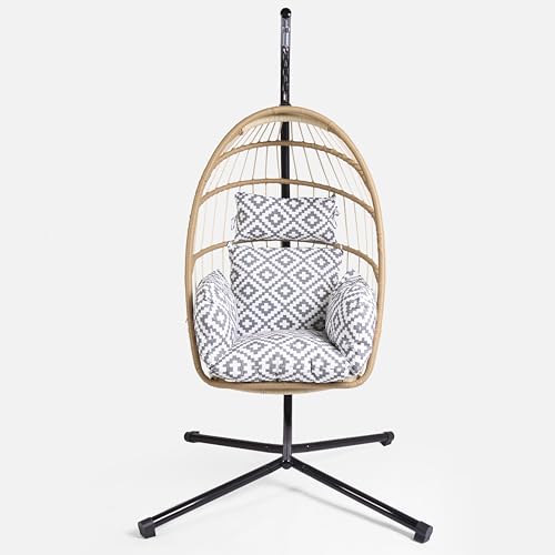 OHS Hanging Basket Chair Cushion, Egg Chair Cushion with Headrest Geometric Soft Thick Padded Rattan Hanging Swing Chair For Garden Indoor/Outdoor Spaces, Grey - Image 8