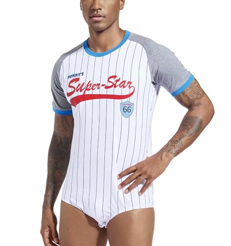 Mens Cotton Onesie Striped Bodysuit Letter Baseball Print Short Sleeve Romper Pajama3