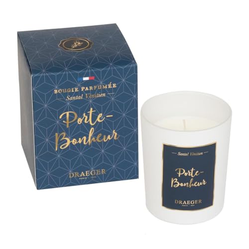 DRAEGER PARIS - Bougie Cadeau blanche Parfumée Santal Vénitien Porte-bonheur - Idée Cadeau Porte chance - Bougie originale à offrir - Fabriquée en France - 100% Cire Végétale - 40h de combustion