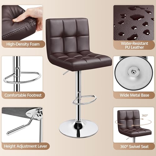 Image of Yaheetech Bar Stools Set of 4 - Modern Adjustable Kitchen Island Chairs Counter Height Barstools Swivel PU Leather Chair 30 inches,X-Large Base and Seat, Brown