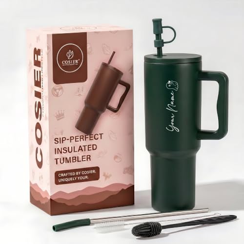 Image of Personalised 1200ml Insulated Stainless Steel Tumbler with Handle and Straw Lid - Large Travel Mug for Coffee & Water, Double Wall Vacuum Cup, Car Cupholder Friendly (Forest Green)