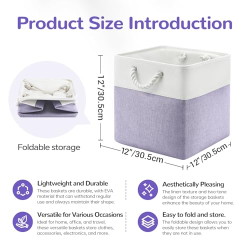 VQRTEXA 12 x 12 Inch Cube Storage Bins, 4 Pack Fabric Storage Basket with Handles, Foldable Boxes Organizer for Shelf Baskets for Home, Clothes (White/Purple) by VQRTEXA - Image 7