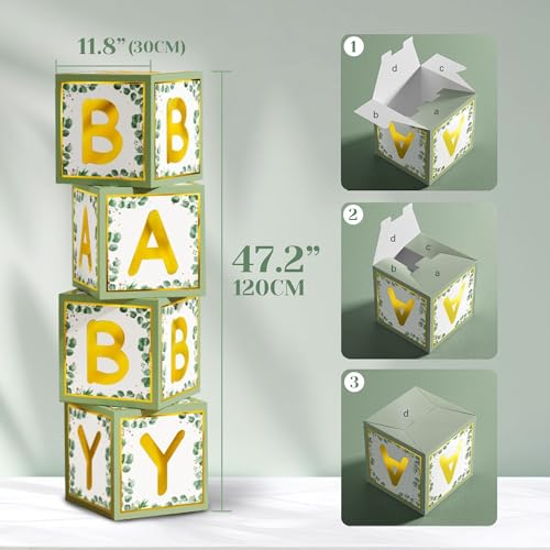 Image of Sage Green Neutral Baby Shower All In One Set - 4 Balloon Boxes, 12 Tableware Sets with Disposable Plates, inchOH BABY inch Balloons, Tablecloth & Cake Toppers