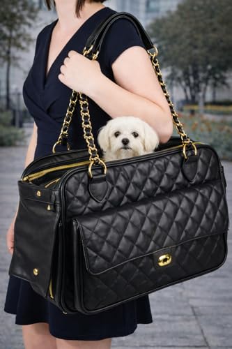 Hundetasche - Tragetasche Gigi Schwarz – 40x22x28cm – Kunstleder – Kissen herausnehmbar – Sicherheitsleine – Tragegriffe – Belüftungsnetz – Standfüße – Außentasche