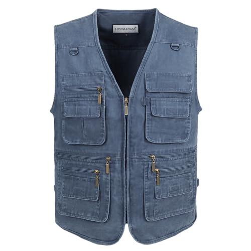 LUSI MADAM Men's Stone Washed Denim Multi-pocketed Fishing Work Outerwear Vest X-Large Blue