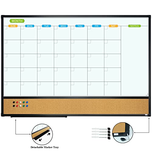 Jiloffice Magnetic Calendar Whiteboard & Bulletin Corkboard Combination, Combo Board 36 X 24 Inch, Black Aluminum Frame Wall Mounted Board For Office Home And School With 10 Push Pins #TOP1