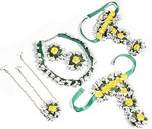 Floral Yellow Flower Mogra Gotta Patti Jewellery Set with Maang Tika and Bracelets for Women and Girls (Mehandi/Haldi/Bridal)