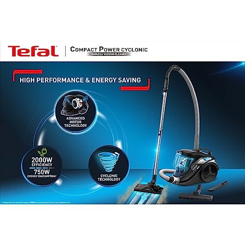 Tefal TW3751EG Compact Power Vacuum Cleaner, Bagless, Advanced Motor Technology 750W = 2000W, 1,5L Capacity, Parquet Nozzle, Crecive Nozzle, Black and Turquoise