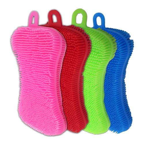 Silicone Dish Sponge - Dishwashing Kitchen Scrubber - Double Sided Sponge Brush - Multipurpose & Reusable Silicone Dish Sponges for Dishes, Fruits & Vegetables Cleaning - Multicolor (4 Pack)
